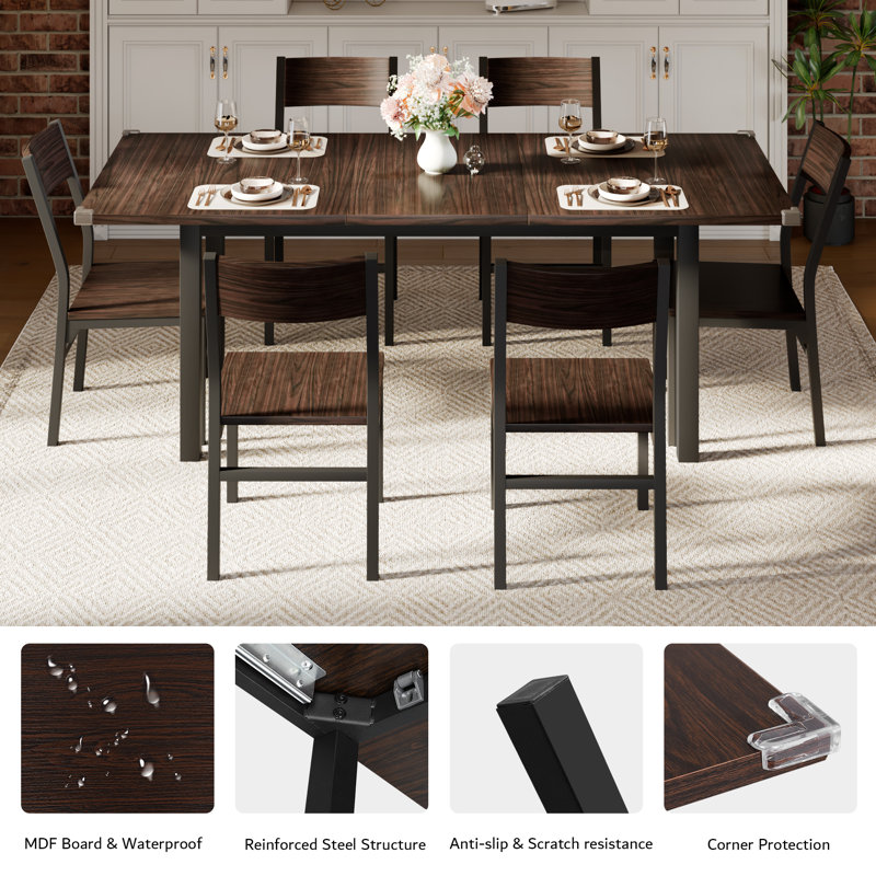  7-piece Dining Table Set With 6 Chairs, 63" Extendable Kitchen Table & Chairs Set For 4-6, Dining Room Table With Metal Frame & Mdf Board, Perfect For Small Apartment Saving Space,easy Clean