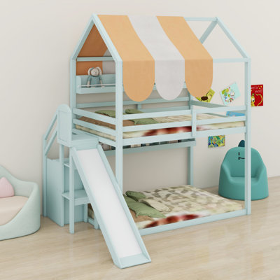 House Bed With Canopy, Slide & Built-In Bookshelves