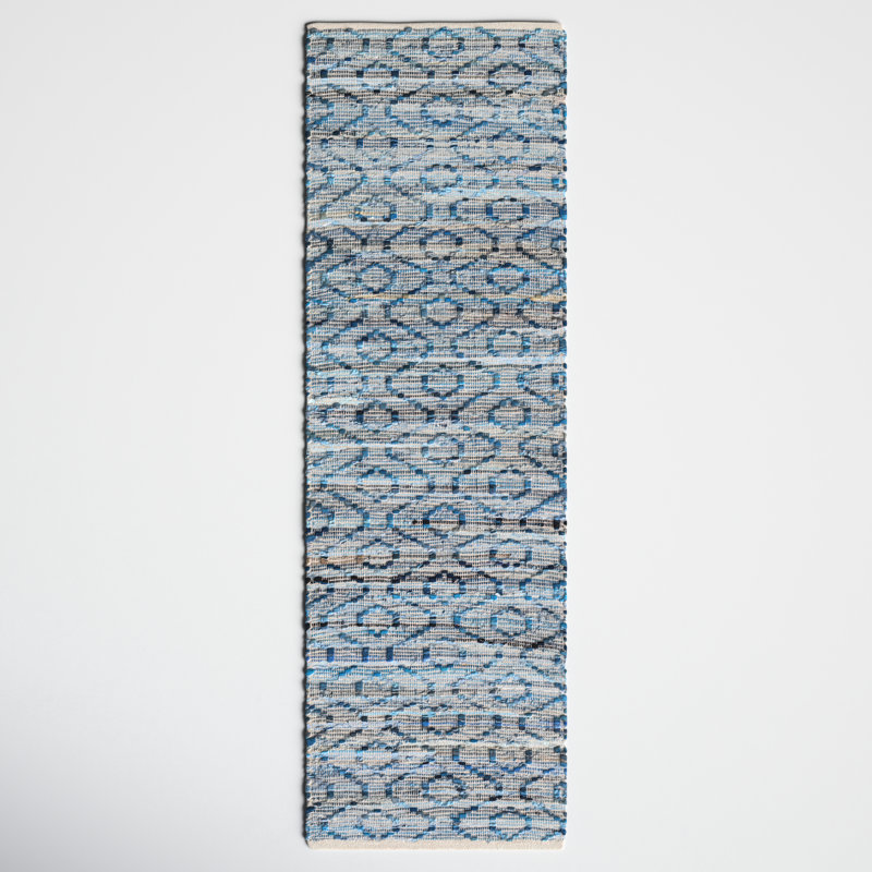 Denyer Geometric Handmade Flatweave Recycled P.E.T. Area Rug in Blue/Gray, Runner 2'6" x 8'