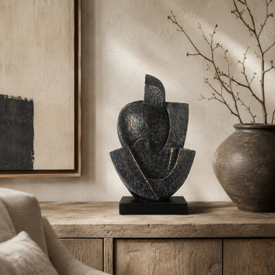 Décoration de table, sculpture de style cubiste avec base, résine gris foncé 11 pouces