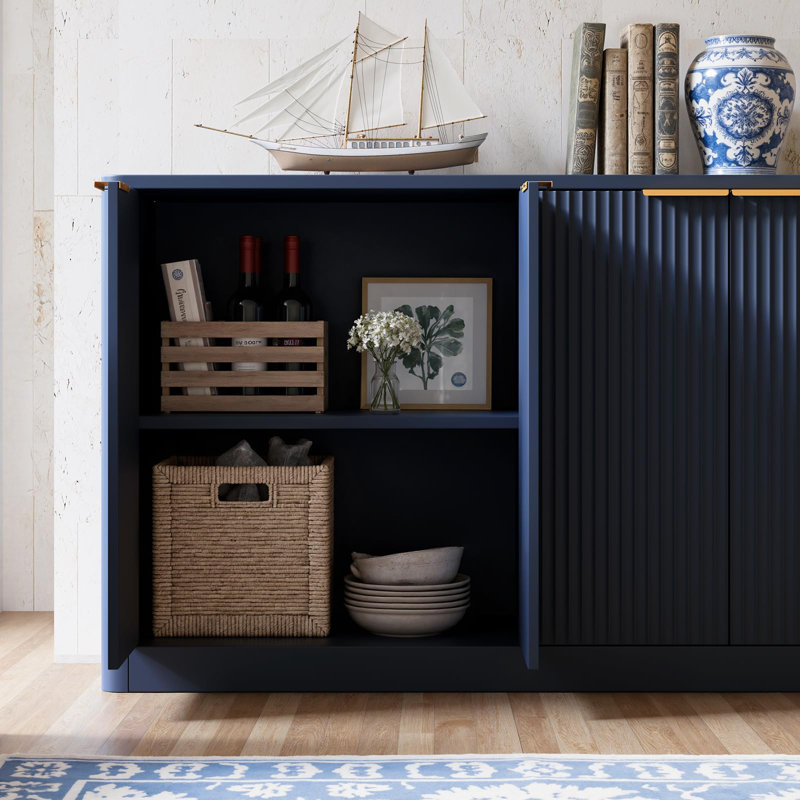 Buffet 67 po avec rangement cannelé, grand buffet avec 6 portes pour le salon ou la chambre à coucher, Marine