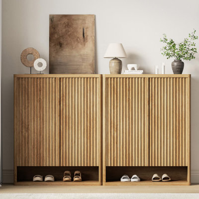 2 Pack Fluted Door Shoe Cabinet, Wooden Storage Organizer with Adjustable Shelves