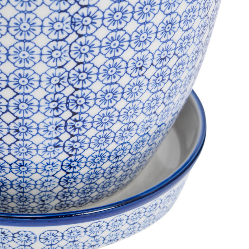 Nicola Spring - Hand Printed Plant Pot with Saucer - 20.5cm - Navy, 1
