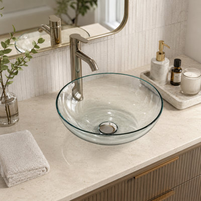 16.5" Round Clear Tempered Glass Vessel Bathroom Sink Set with Faucet and Drain