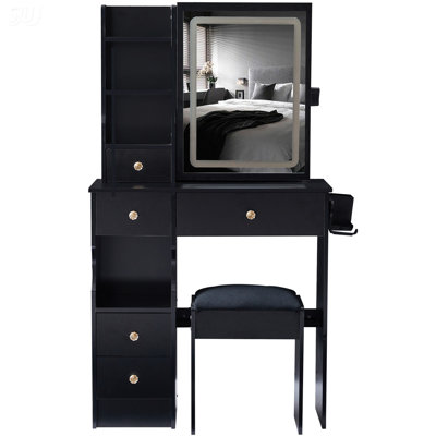 29.2" Small Size Left Drawer Desktop Vanity Table + Cushioned Stool, 2 AC+2 USB Power Station, Hair Dryer Bracket