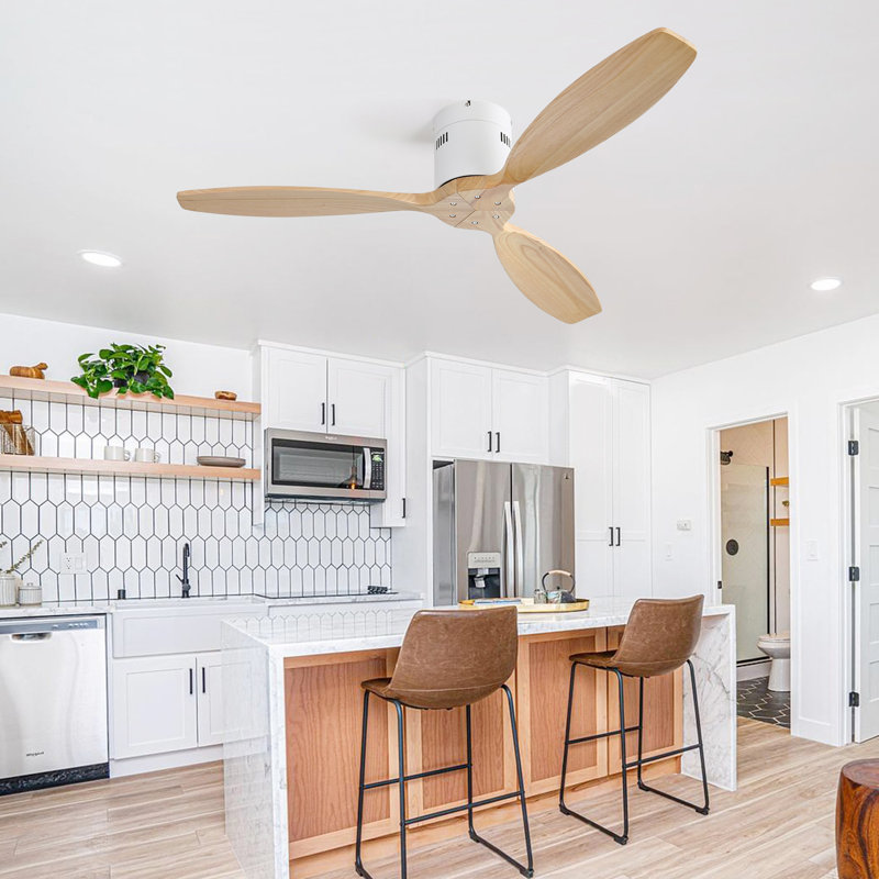 Ventilateur de plafond décoratif en bois massif de 52 pouces sans lumière avec moteur à courant continu réversible à 6 vitesses pour la maison