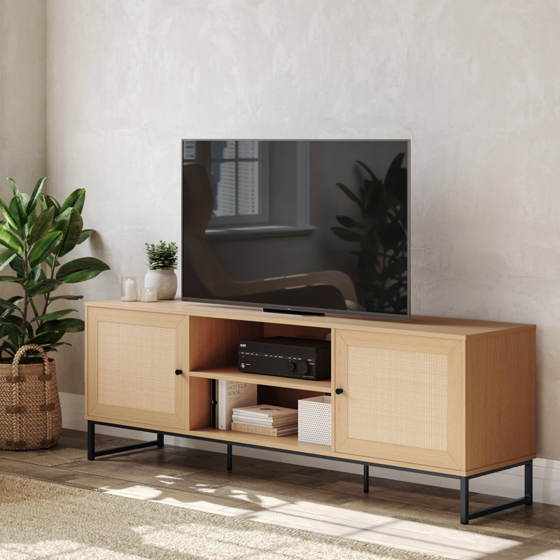 65" TV Stand With Rattan Accented Storage Doors, Natural Wood