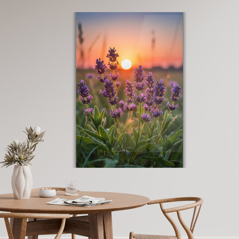 Tableau mural en verre trempé « Coucher de soleil dans un champ de lavande », H 36 po x l 24 po