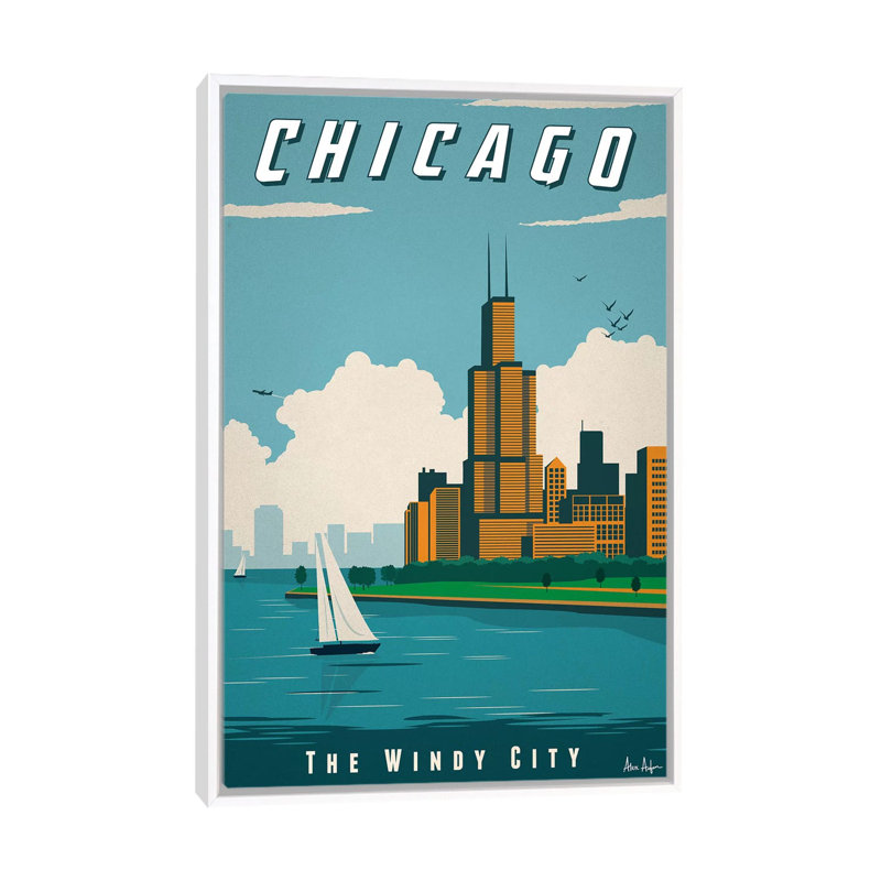 Chicago-impression d’art graphique, Pas de tapis, H 60 po x l 40po x P 1,5 po, Toile blanche encadrée
