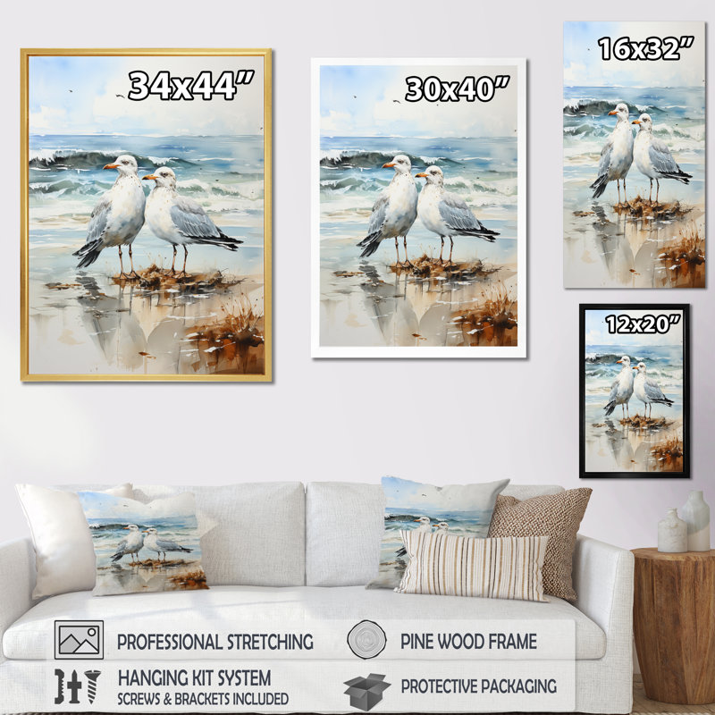 «Abstract Beach Seagulls In Love - Art mural de mouette pour le salon, H 44 po x l 34 po x P 1,5 po, Cadre flottant brun