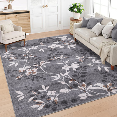 Tapis à motif de feuilles lavable à la machine Tapis antidérapant antidérapant à poils longs à motif botanique doux