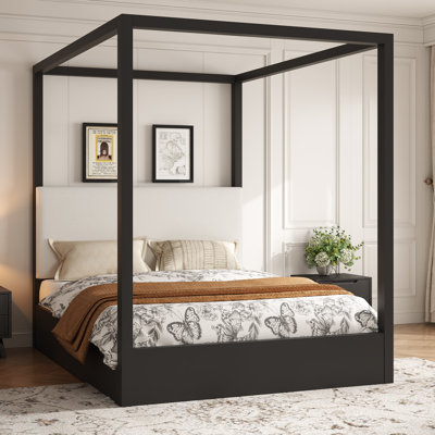 Queen Size Canopy Platform Bed with Upholstered Headboard, Black Wood Frame Bedroom Furniture