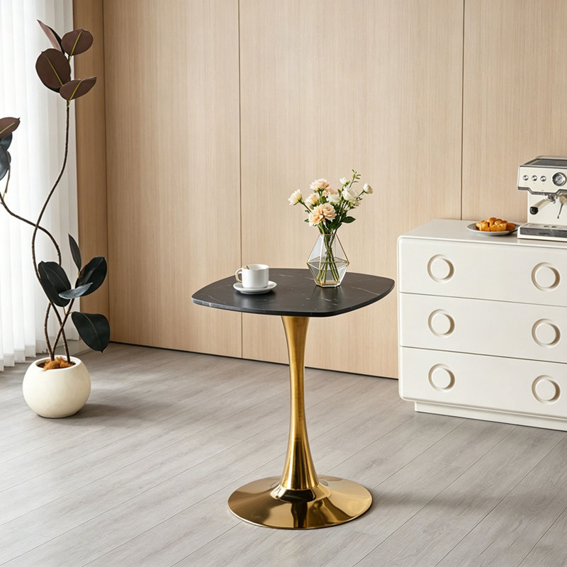 Table de salle à manger carrée Tulip pour 2 à 4 personnes, petite table de cuisine de 24 pouces avec piédestal robuste en métal doré, table bistro moderne pour petit espace, appartement, café, bureau, salon