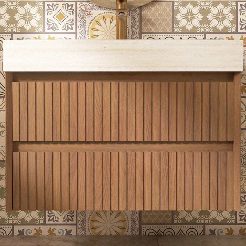 Meuble-lavabo mural simple 29,9 po avec plateau en marbre, Blanc / Brun, 29.92"