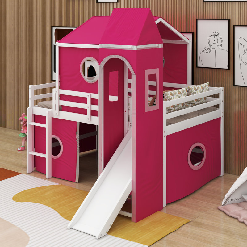 Lit mezzanine simple avec tente et tour rose Slide, Rose