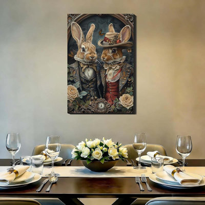Retro Dress Up Couple Rabbit Pictures Wall Decor Funny Animal Poster Prints For Office Easter Decorations.