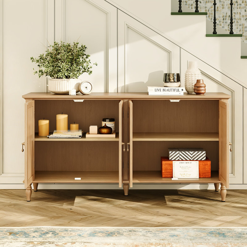 Buffet rétro de 57,87 po de largeur avec tablettes réglables et 4 portes avec placage en bois massif, Natural 