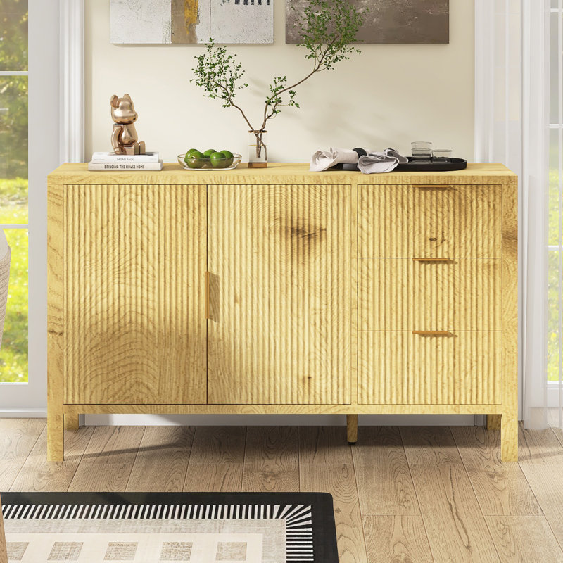 Buffet moderne de 55,1 po avec tablettes réglables, 3 tiroirs et crochets, Naturel