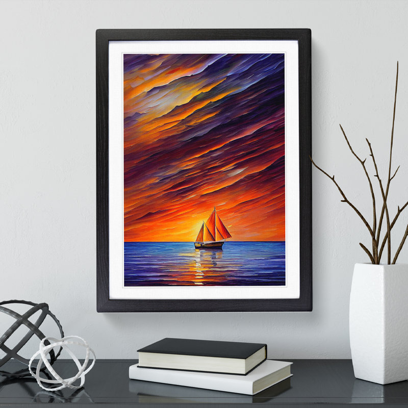 Boats Under The Sunset No.5 - Single Picture Frame Painting, 46cm H x 34cm W x 2cm D, Black