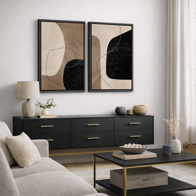 Mid Century Shape "Warm Brown & Faded Black Abstract Lines Artwork, Modern Minimalist Neutral Wall Pictures, Framed Canvas Giclée Print 2 Pieces Wall Art" 16x24x2 pcs, 24x36x2 pcs