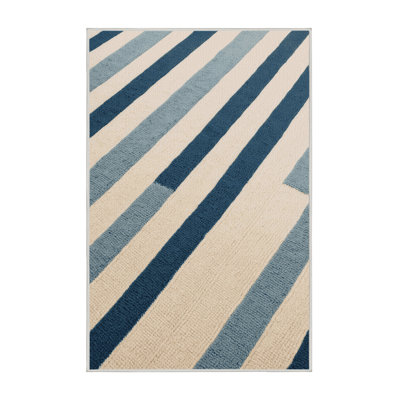 Washable Sea Blue Cream Striped Area Rug