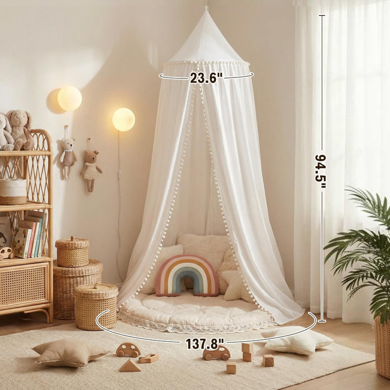 Lit à baldaquin avec pompon en coton pour lit de bébé