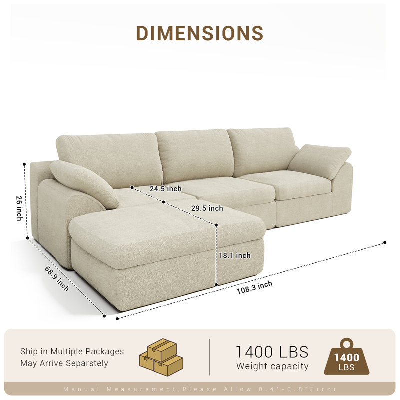 Boneless Cloud Sectional Couches 108.3" L-Shape Sofa With Ottoman Deep Seat Modular Sectional Couch Comfy Boneless Couch For Living Room & Bedroom
