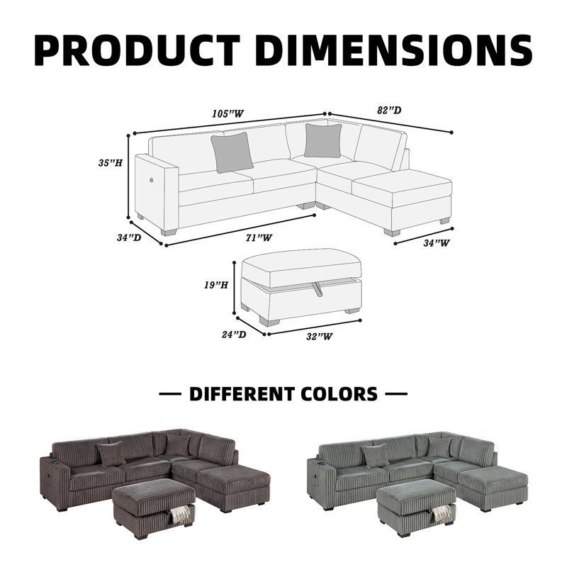 Canapé modulaire modulaire 3 pièces avec charge USB et repose-pieds avec rangement, Chocolat