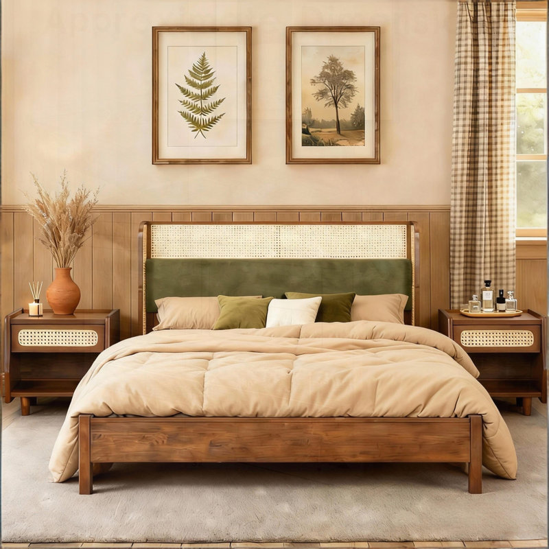 Structure de lit robuste en noyer et vert, aucun sommier nécessaire, supportant 800 lb, parfaite pour les chambres à coucher modernes et contemporaines
