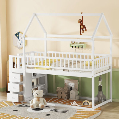 TWIN/TWIN HOUSE BUNK BED WITH SHELVES AND DRAWERS FOR