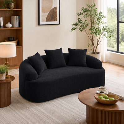 Canapé deux places moderne incurvé en chenille sans os, noir, sans assemblage, 165 cm de long, capacité de 136 kg, pour petits espaces