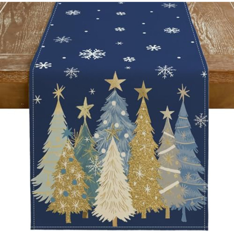 Chemin de table de Noël 13 x 60 pouces, sapins de Noël et flocons de neige, décoration de table champêtre pour la cuisine et la salle à manger, décoration pour dîner à l'intérieur ou à l'extérieur (bleu)