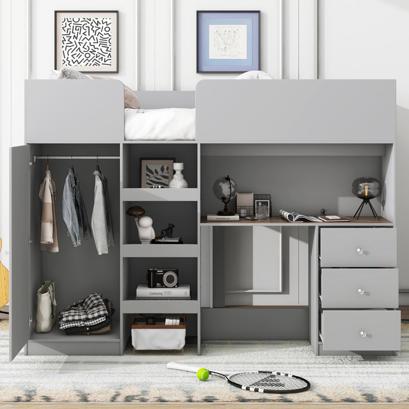 Lit mezzanine double gris avec garde-robe, bureau, unités de rangement et tiroirs