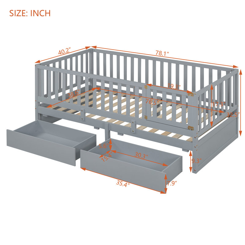 Twin Size Wood Daybed with Fence Guardrails and Drawers, Gray