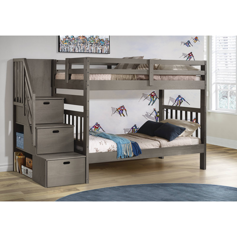 Ahmia Solid Wood Twin Over Twin Bunk Bed with Stairs and Drawers, Slate