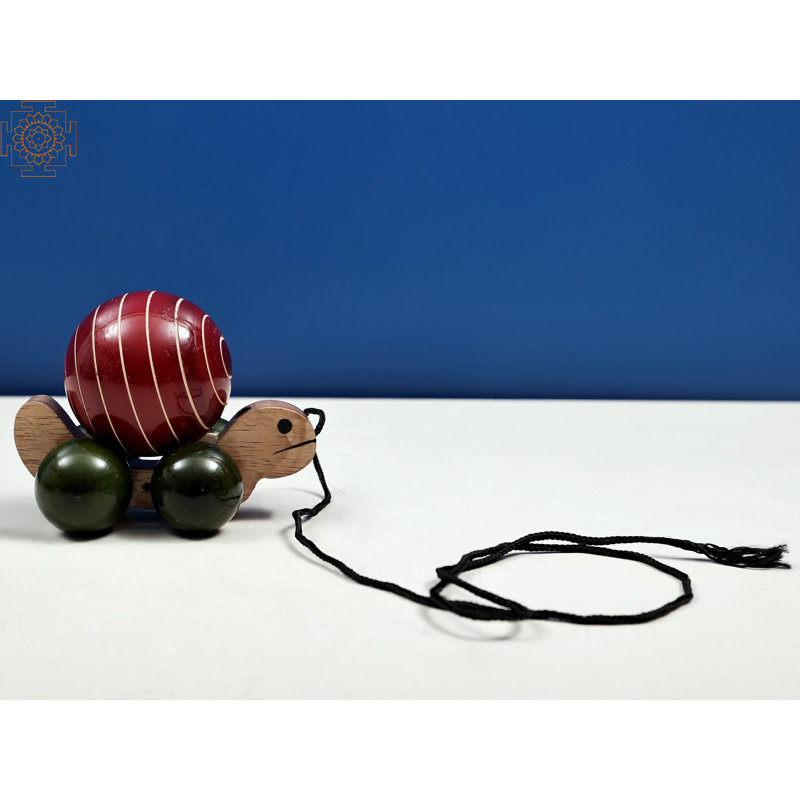 3" Handmade Channapatna Wooden Push and Pull Along Toy Turtle - Vibrant Karnataka Crafted Plaything for Kids, Nursery Decor Accent