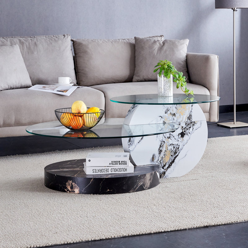 Table basse à deux niveaux avec plateau en verre Varese, H 17 po x l 42 po x P 31,5 po, Clair, Noir / blanc