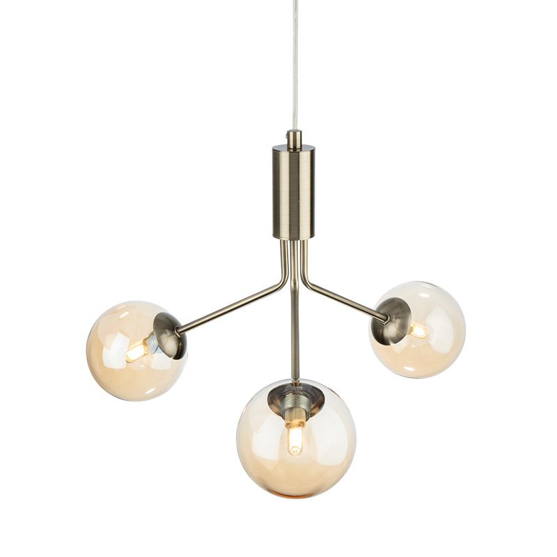 3 - Light Sputnik Chandelier, Antique Brass, Amber, Antique Brass