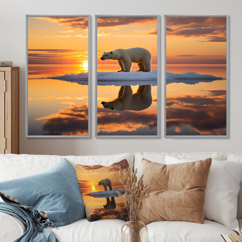 Ours polaire sur l'iceberg, coucher de soleil rose - ours, ensemble d'art mural, Encadrement argenté