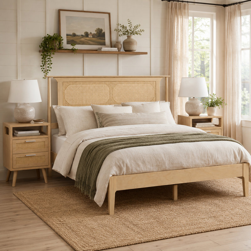 3-Piece Bedroom Set, Rattan Headboard Solid Wooden Bed with 2 Rattan Nightstands, Drawers & Open Shelf, Queen size