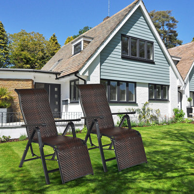 Asua 2pcs Patio Rattan Folding Lounge Chair Recliner Back Adjustable Beach Yard Pool