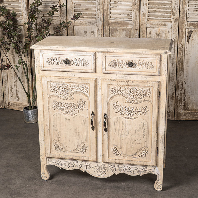 Armoire de salon en bois de style rétro - 2 tiroirs et porte double, brun antique + blanc, décor élégant pour une maison élégante