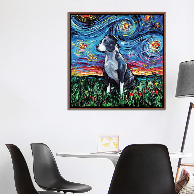 « Pitbull Night » par AJA trier, reproduction d’art, H 37 po x l 37 po x P 1,5 po, Toile avec cadre en bois brun classique