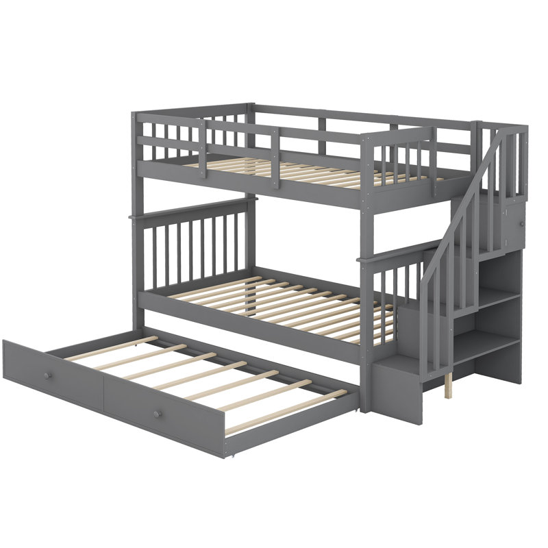 Stairway Twin-Over-Twin Bunk Bed With Twin Size Trundle For Bedroom, Dorm, Adults, Gray, Gray