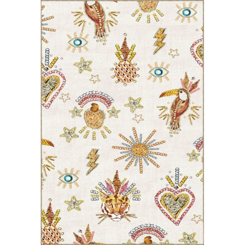 Tapis beige décoratif multicolore à motif d'oiseaux et de tigres lavable à la machine, Carré 3 pi 3 po