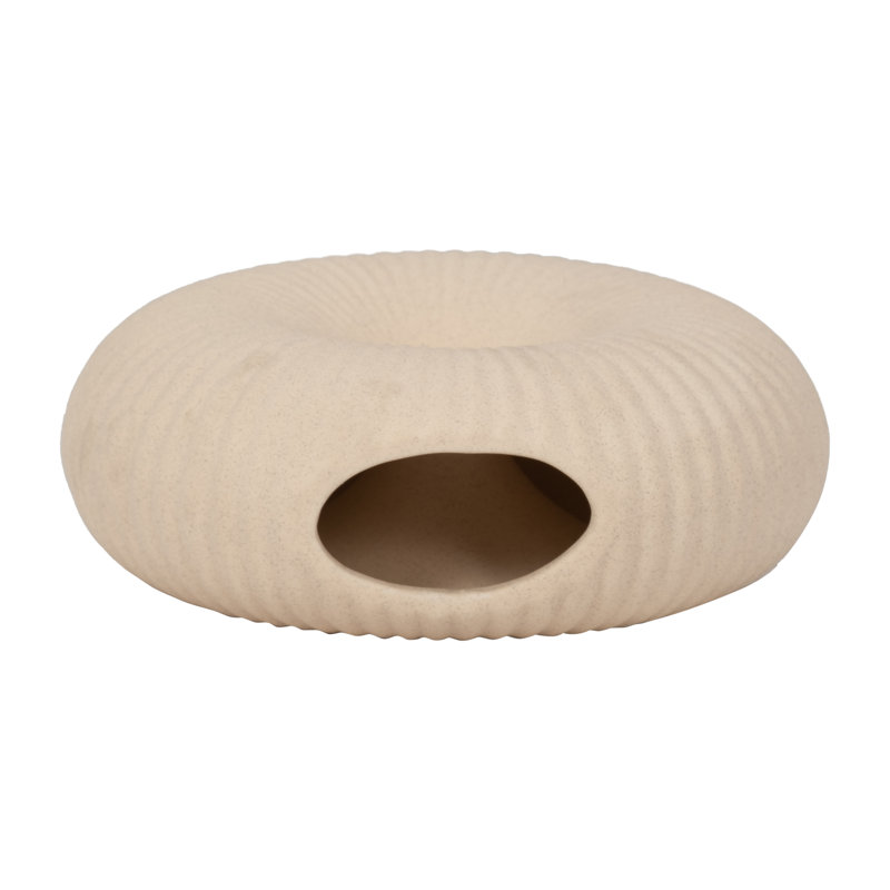 Boho Stoneware and Ceramic Decorative Vase with Sculptural Ribbed Design and Textured Wood Detailing, 9" H x 10" W x 4" D