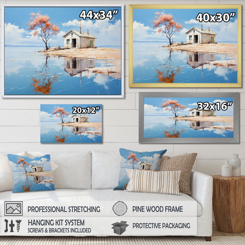 «Minimalisme Lakefront Cottage Oasis 1», art mural sur toile, Cadre d'angle fermé noir, H 32 po x l 16 po x P 1 po