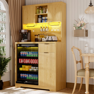 72" Mini Fridge Cabinet With Storage, Coffee Bar Cabinet With Mini Fridge, Tall Coffee Bar Station With Rgb Led Light, Wine Glass Holder, For Home Kitchen Living Room, Brown