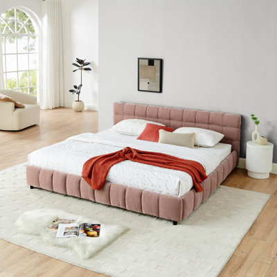 Structure de lit tapissier rose très grand avec tiroir pour le rangement - Tissu et style chenille moderne et confortable