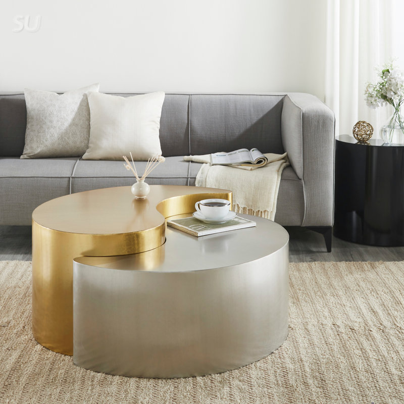 Modern & Contemporary Style Coffee Table With Sturdy Iron Sheet Frame In Gold & Silver, Perfect For Elegant Living Spaces